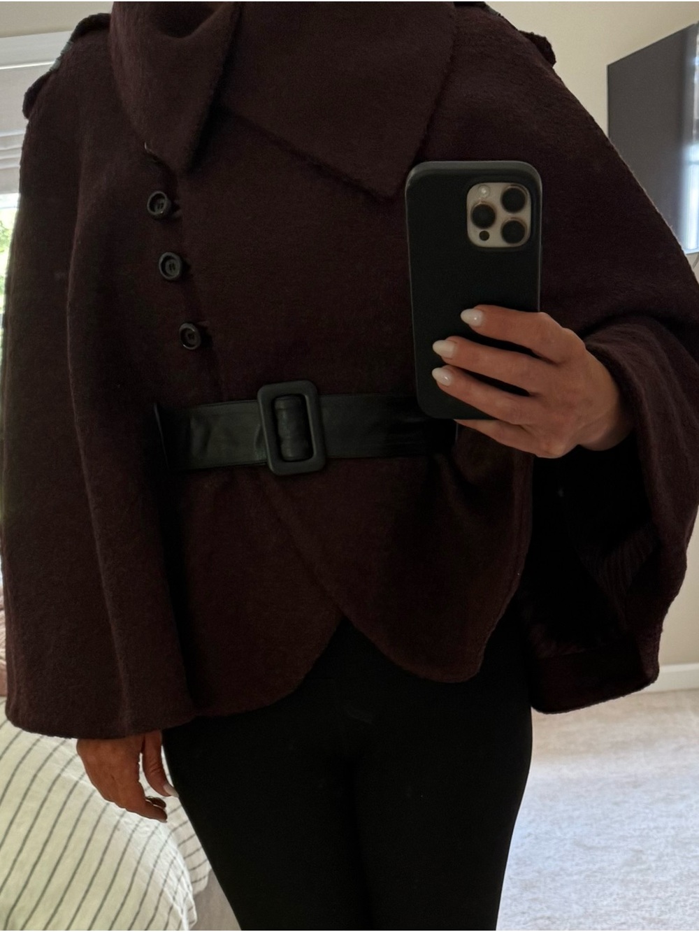 Mackage Cranberry Wool Cape with Black Leather Belt
